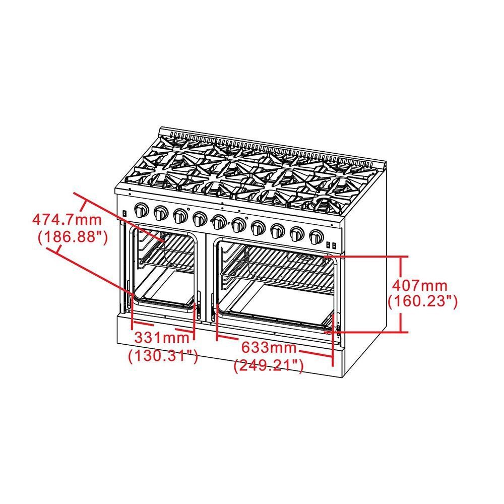 Gas range dimension diagram with burner layout and measurements
