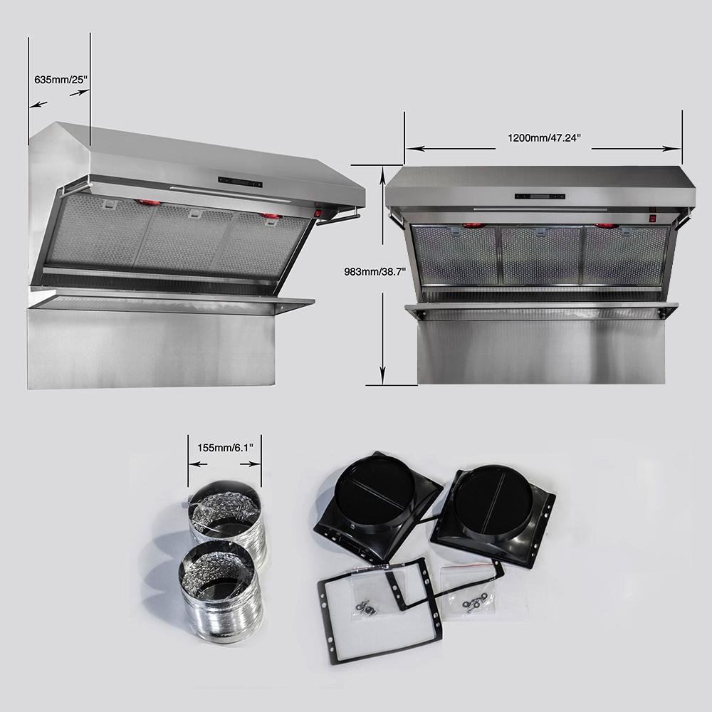 Stainless steel wall-mount range hood with removable baffle filters and hardware pieces