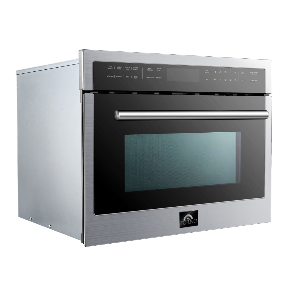 Stainless steel microwave with dark glass door, top controls, and FORNO logo