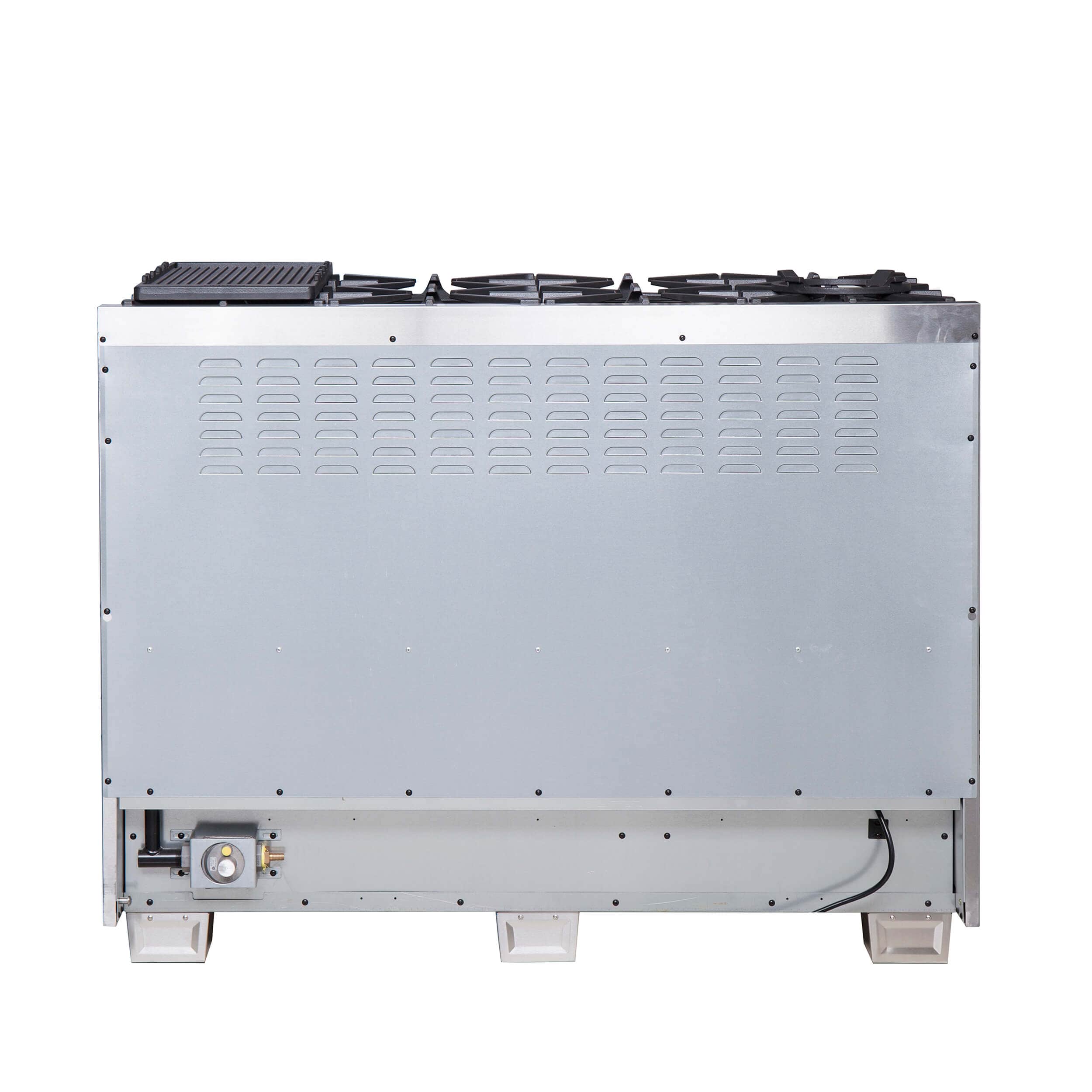 Stainless steel dual fuel range back panel view with rear burner grates