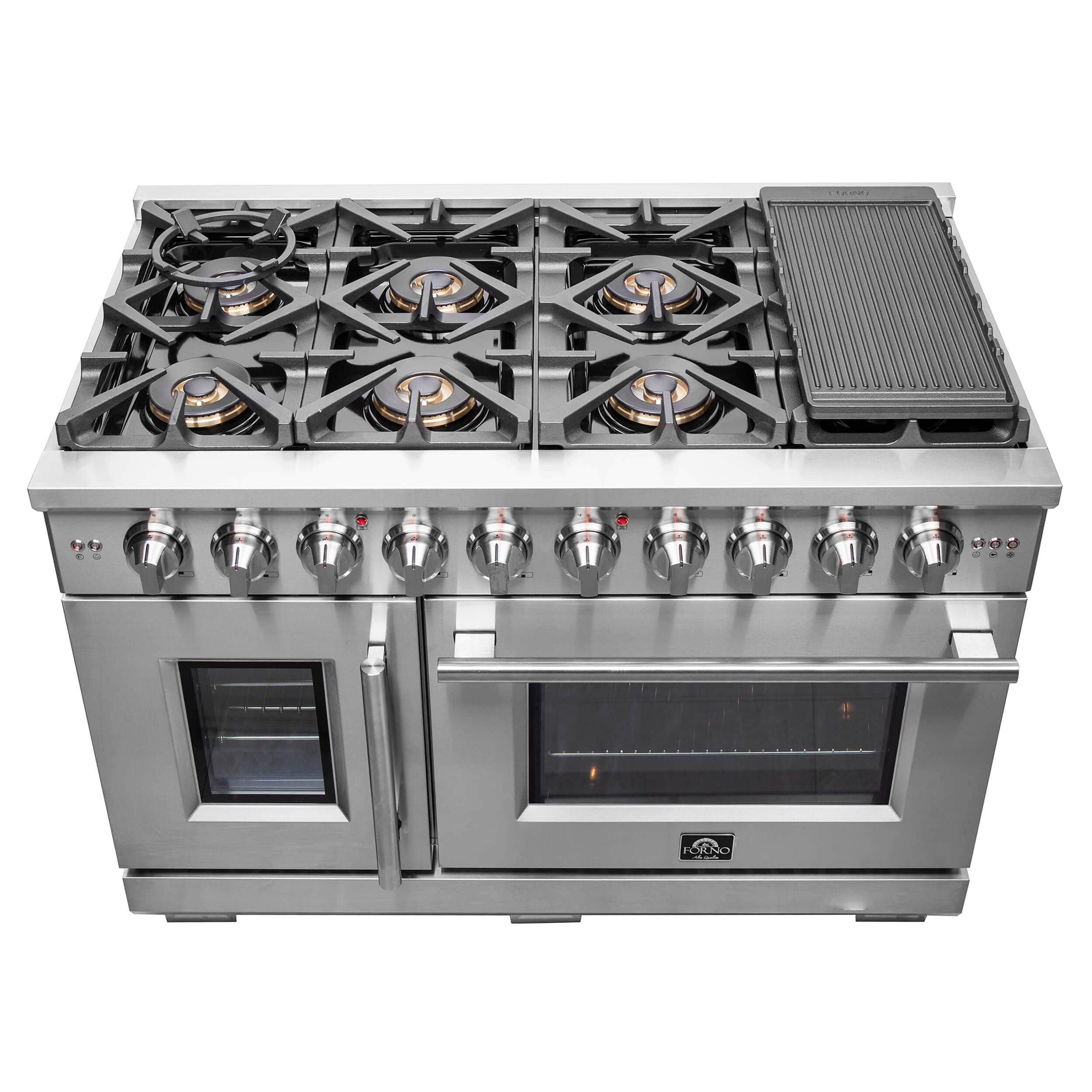 Stainless dual fuel range top view with black grates, four burners, and griddle.