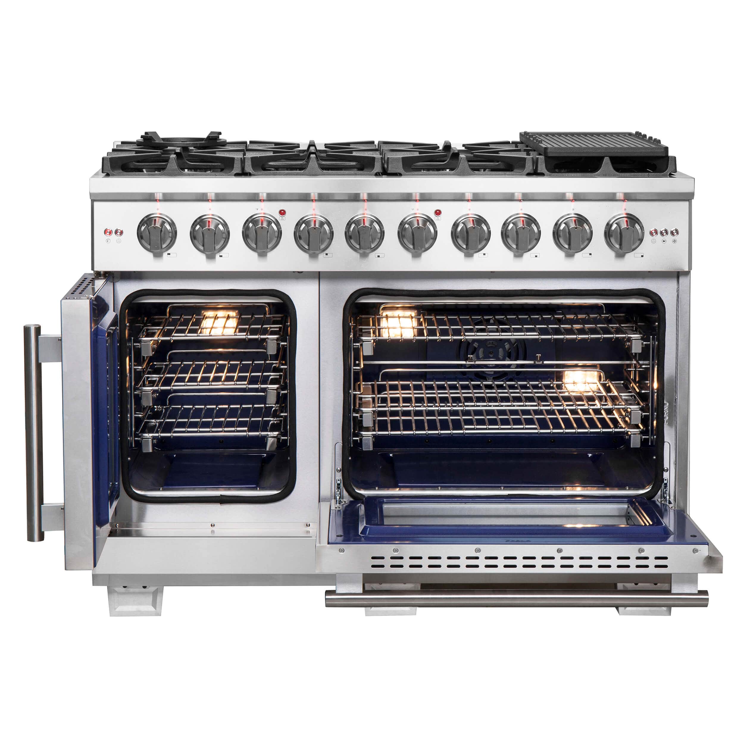 Stainless dual fuel range with burners and both oven doors open, showing racks inside.