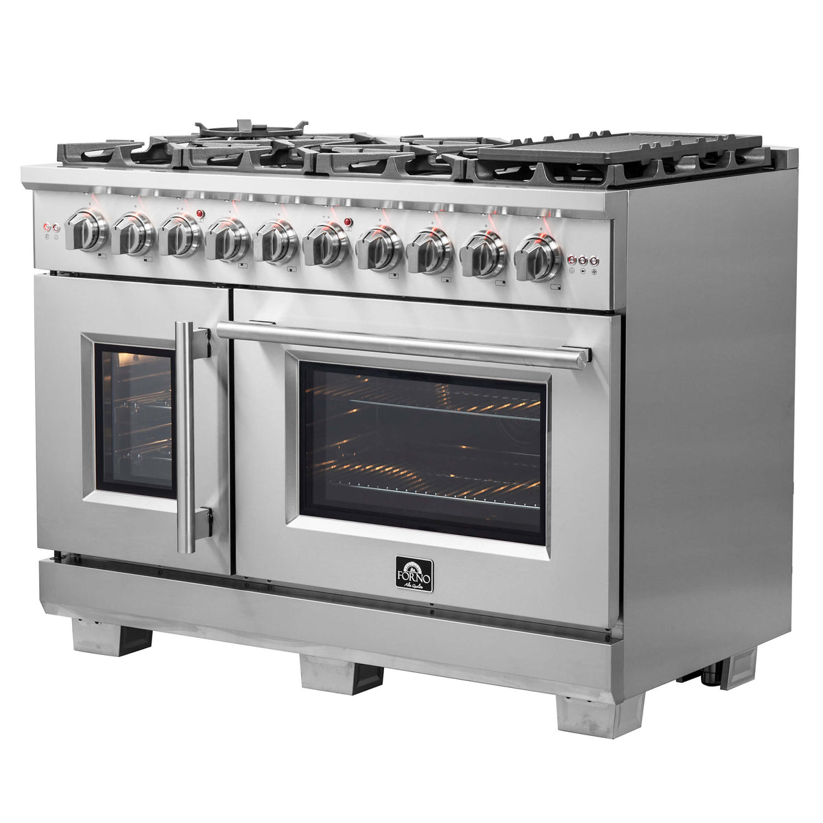 Stainless steel dual fuel range with 8-burner cooktop, dual ovens, and control knobs