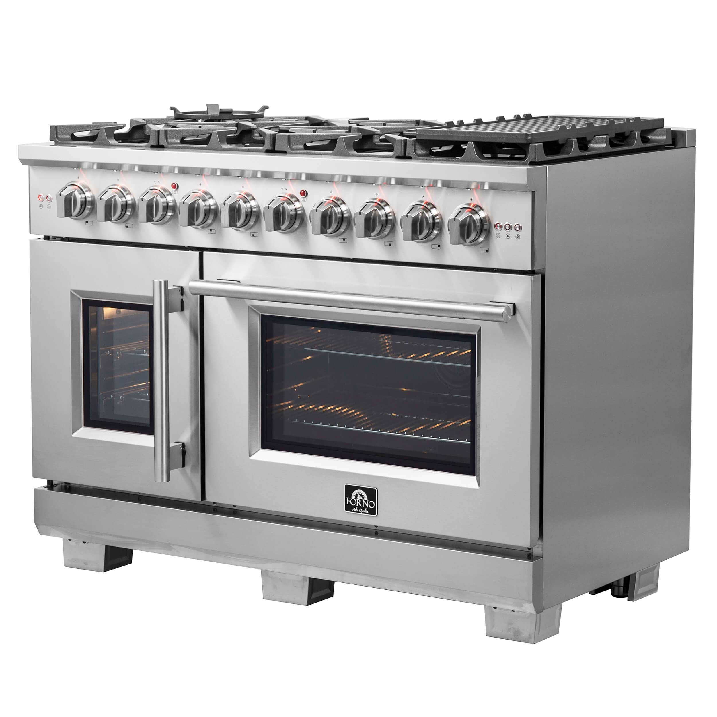 Stainless dual fuel range with eight gas burners and oven windows, front-left view.