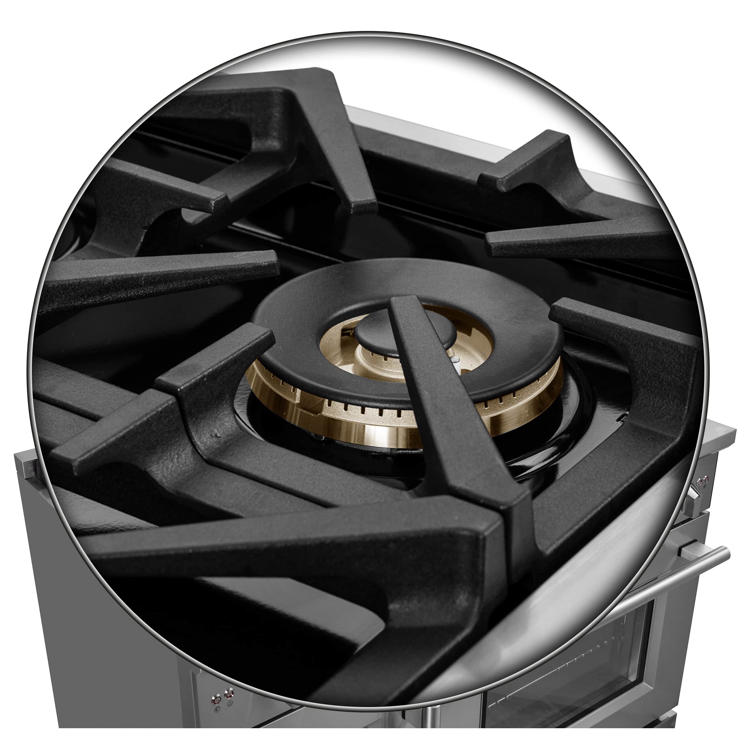 Stainless range gas burner with black grate and brass-colored burner ring.