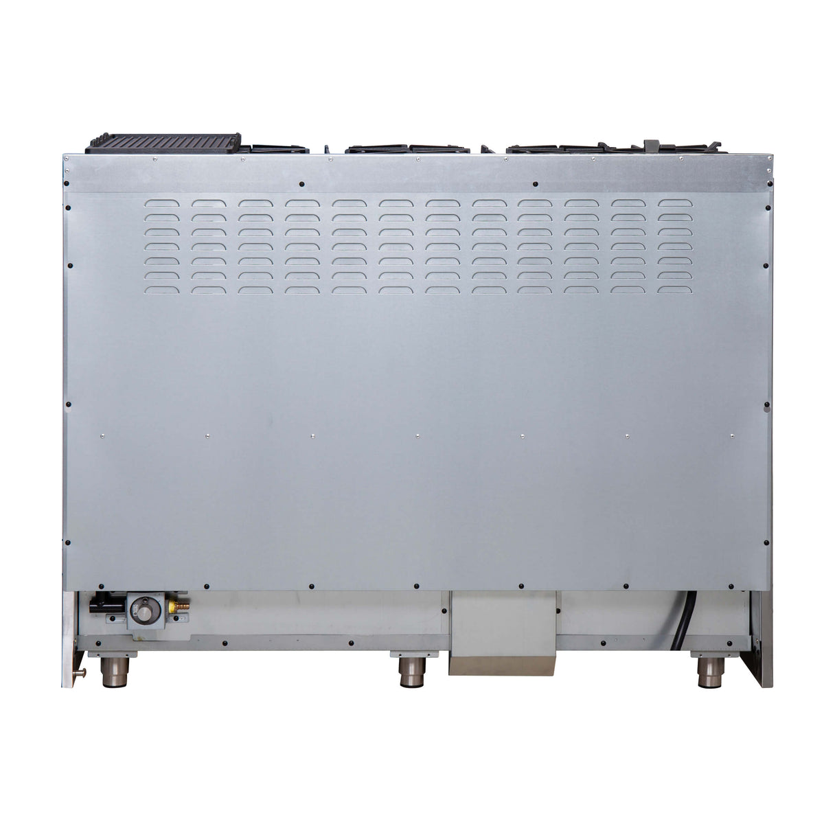 Stainless steel rear panel of a dual fuel range with ventilation and connection ports