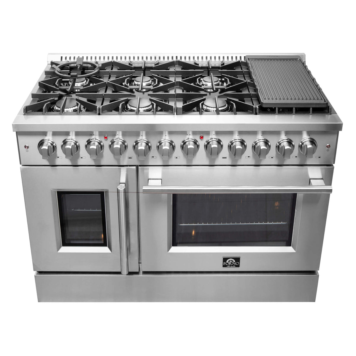 Stainless steel dual fuel range with top burners and dual oven doors, closed