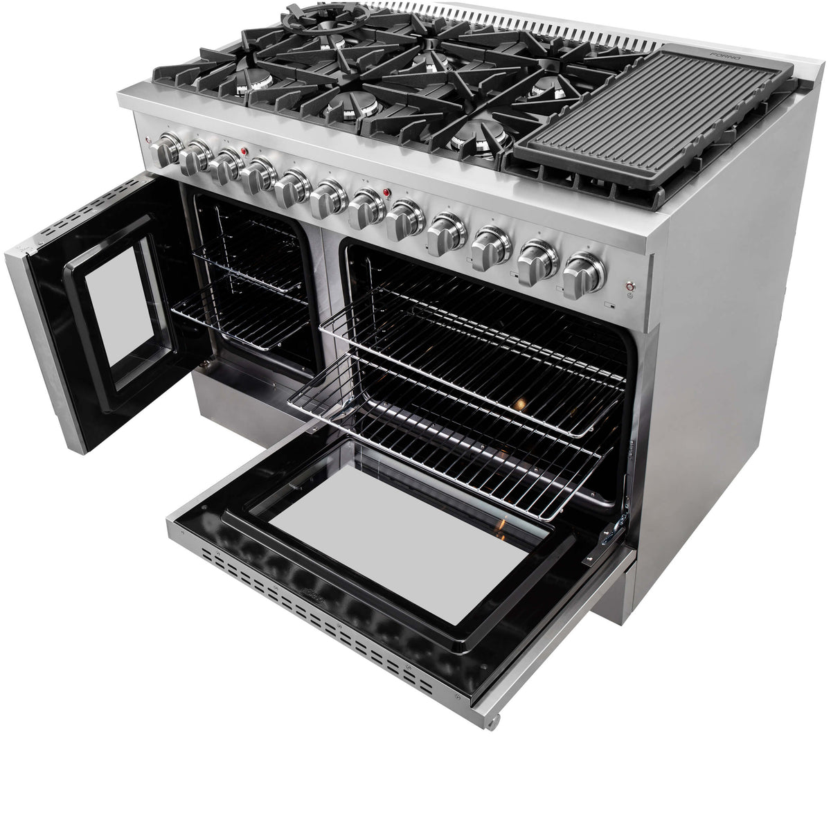 Stainless steel dual fuel range with open oven, gas burners, and ridged griddle