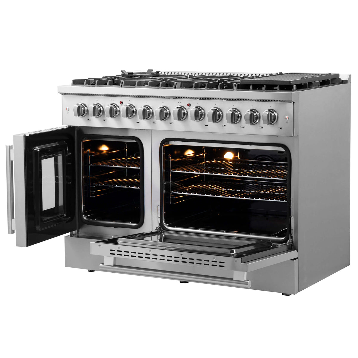 Stainless steel dual fuel range with dual open ovens and lit heating elements