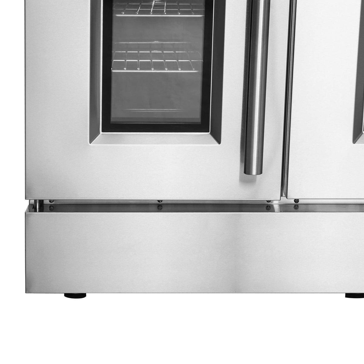 Stainless oven door area with control panel and metal handle, lower front close-up.
