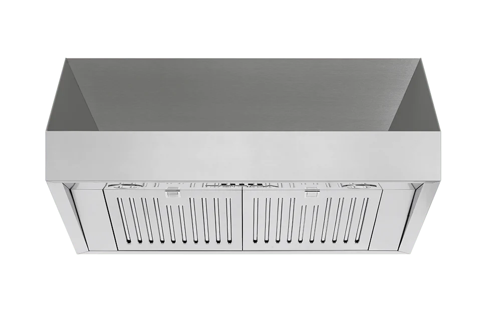Stainless steel range hood with vent grille and open duct opening