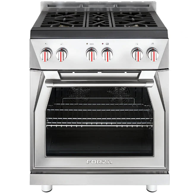 Stainless steel freestanding gas range with cooktop grates and knobs
