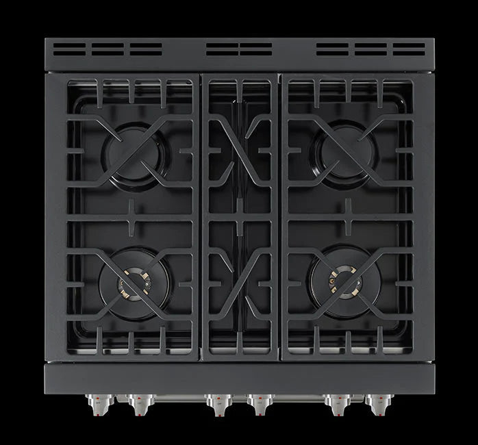 Stainless steel gas range with four burner grates and central control panel