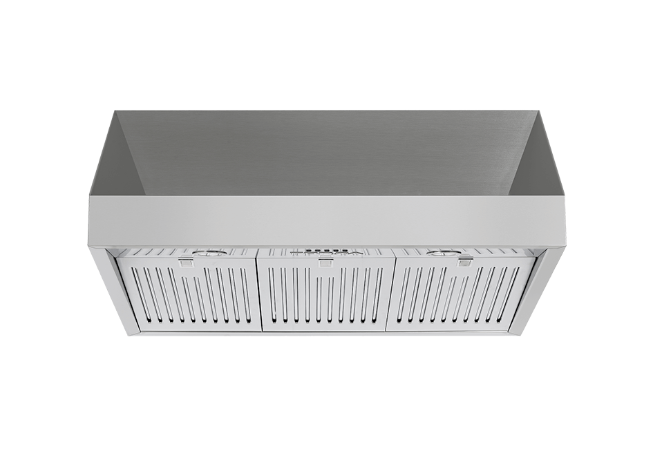 Stainless steel range hood with front vent grille and canopy top