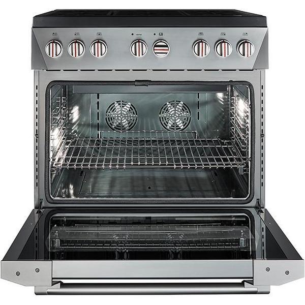 Stainless steel gas range with open oven and two-fan convection system