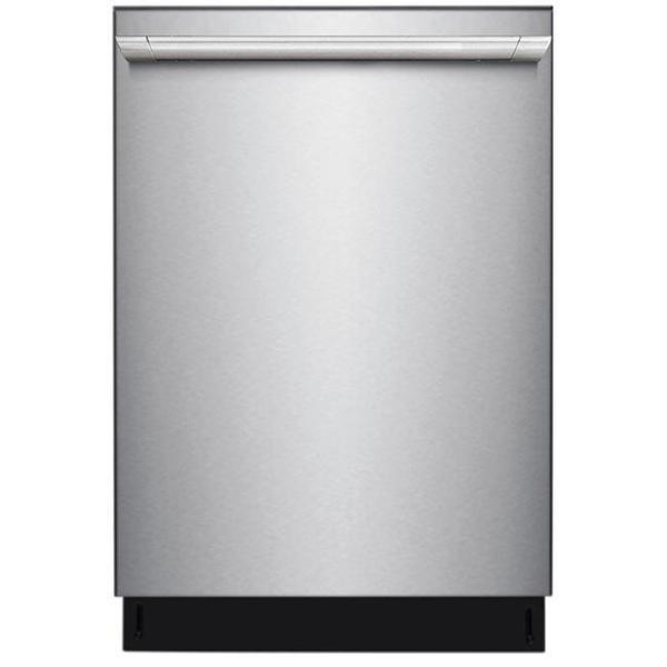 Stainless steel dishwasher front panel with black bottom trim and side feet