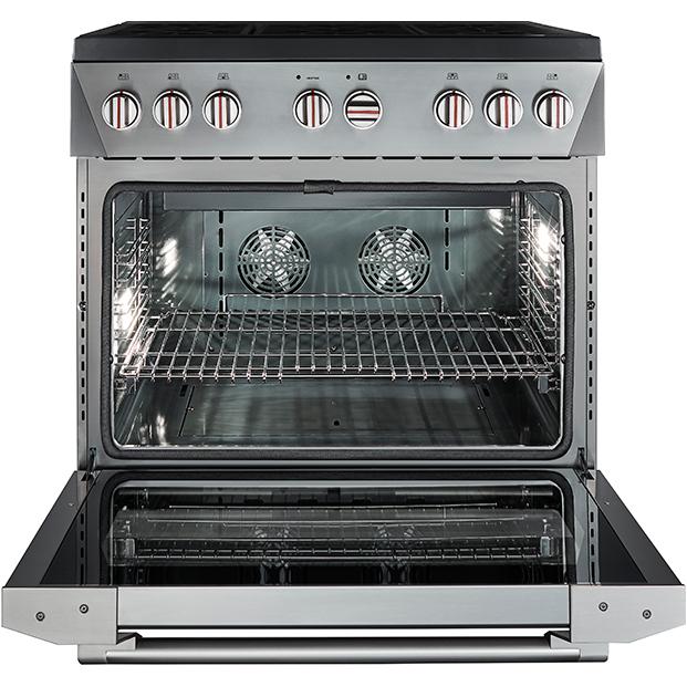 Stainless steel gas range with oven door open and two internal fans