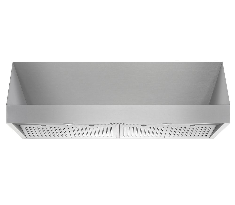 Stainless steel range hood underside with vent louvers and front filter trim