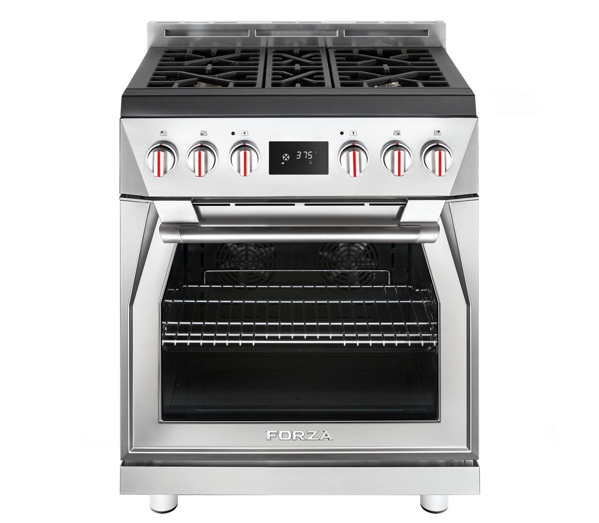 Stainless steel dual fuel range with open oven door and front control knobs