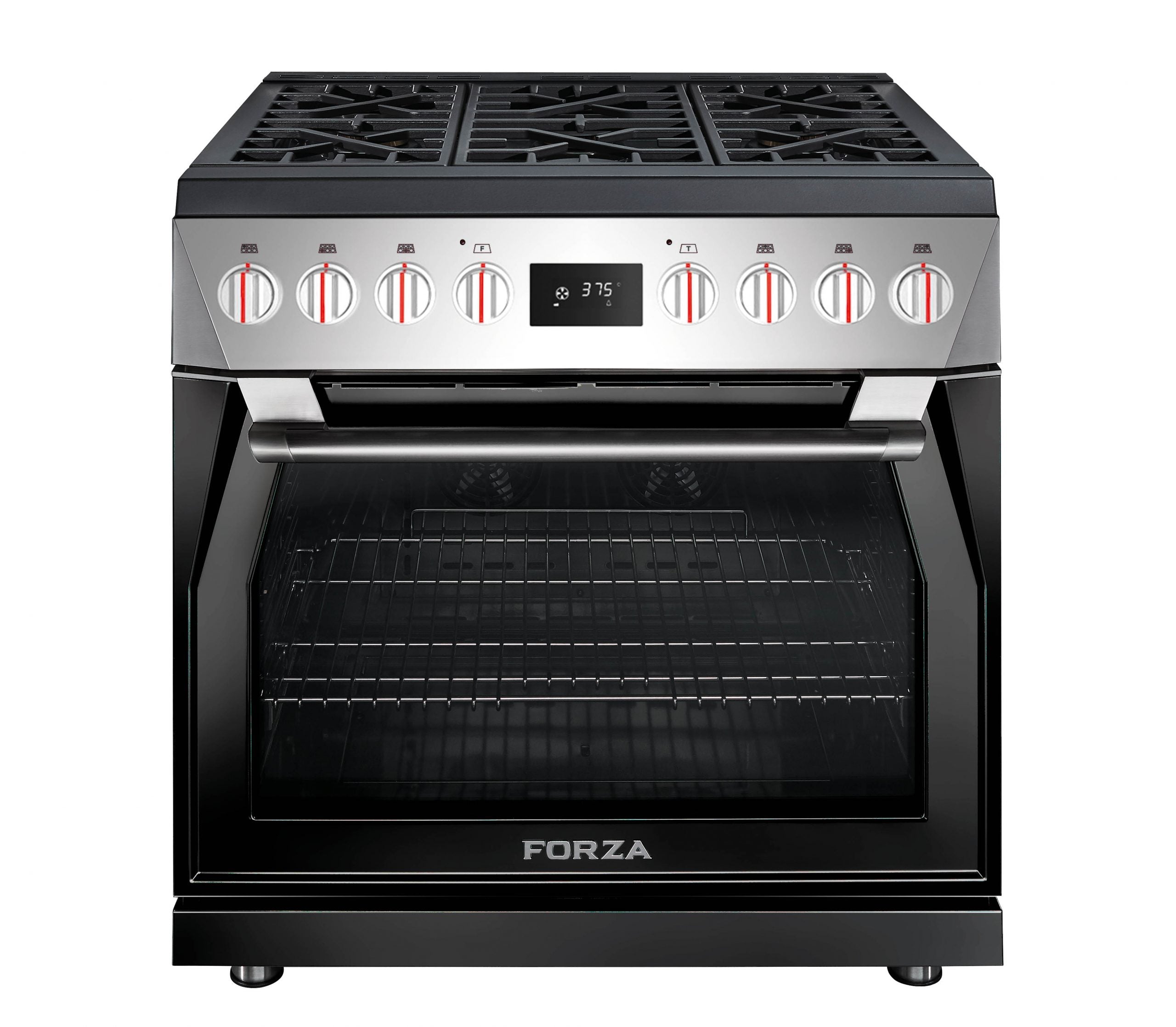 Black dual fuel range with control knobs, cooktop grates, and closed oven door