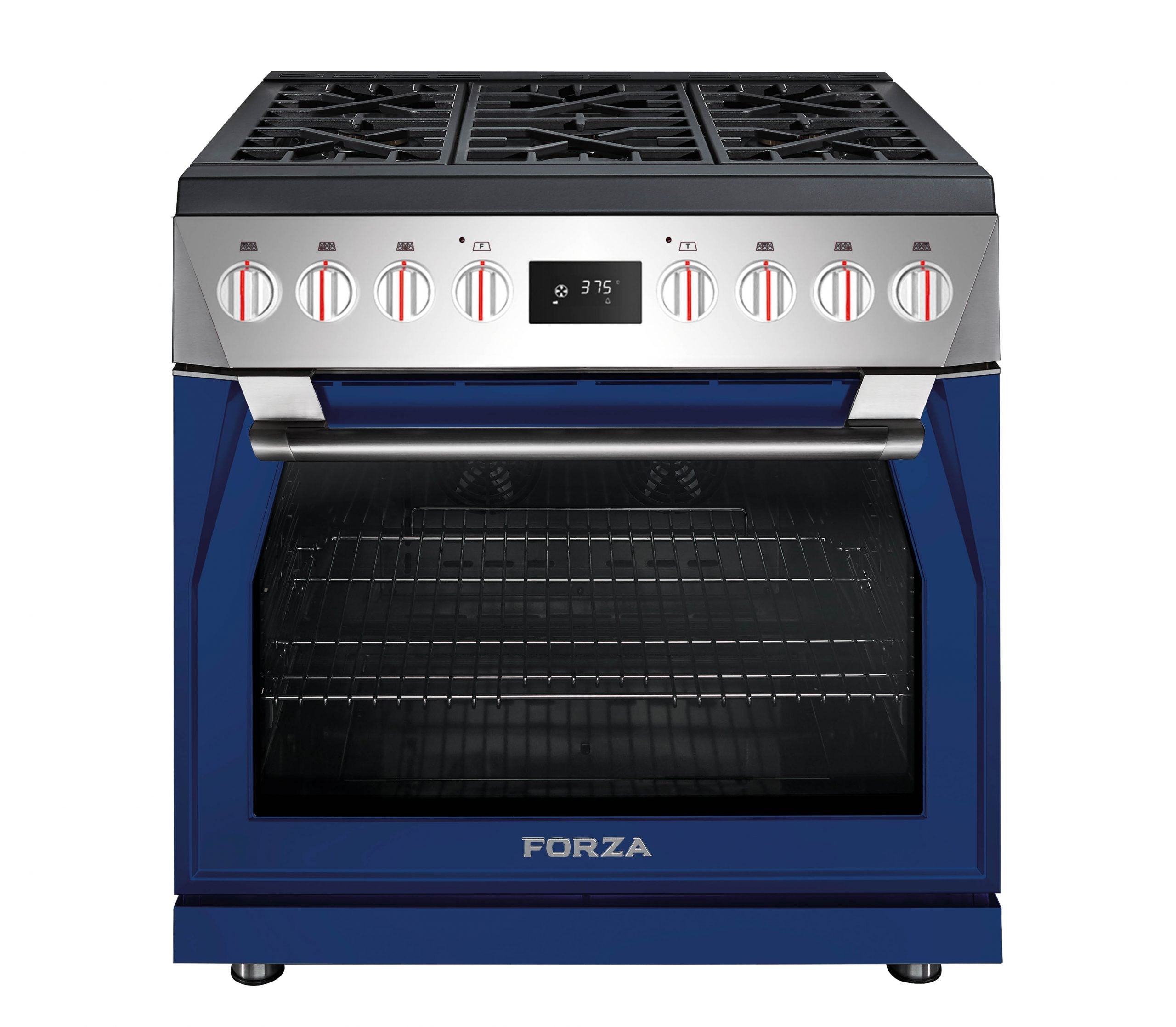 36-inch dual fuel range with stainless cooktop controls and Dinamico Blue oven door