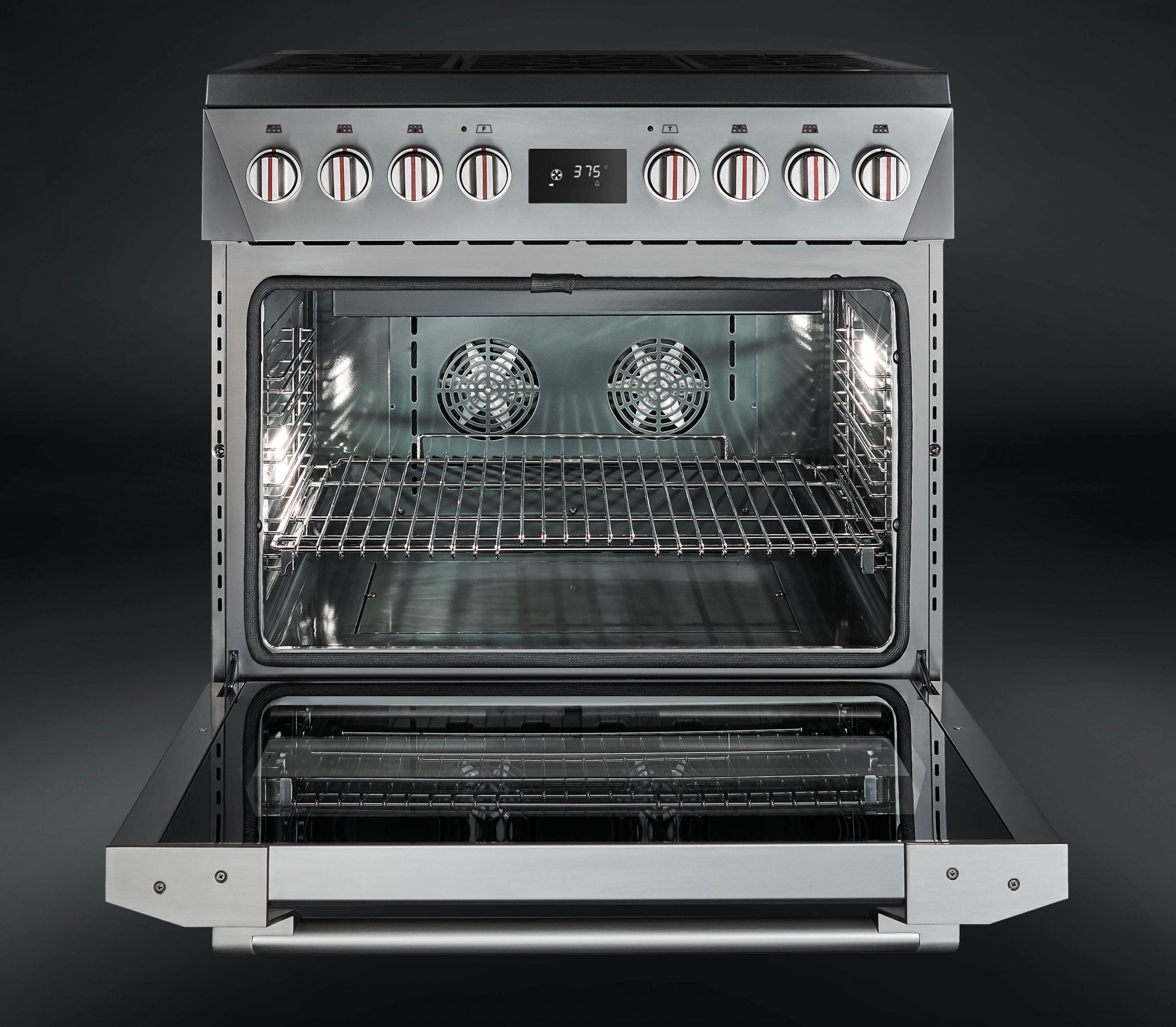 Stainless steel oven with racks and two interior fan vents visible