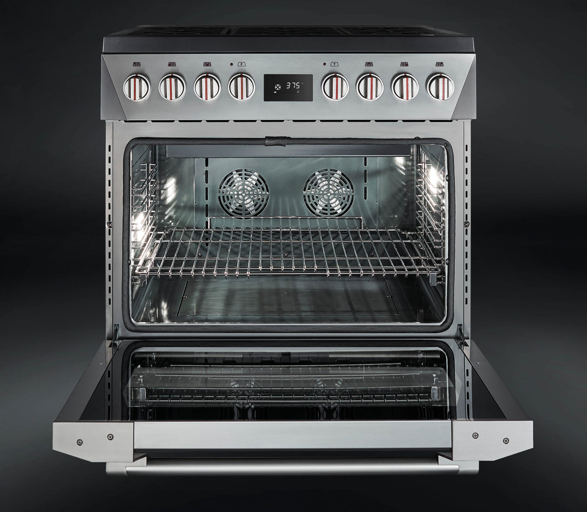 Open oven door showing convection fans and lower heating area inside dual fuel range
