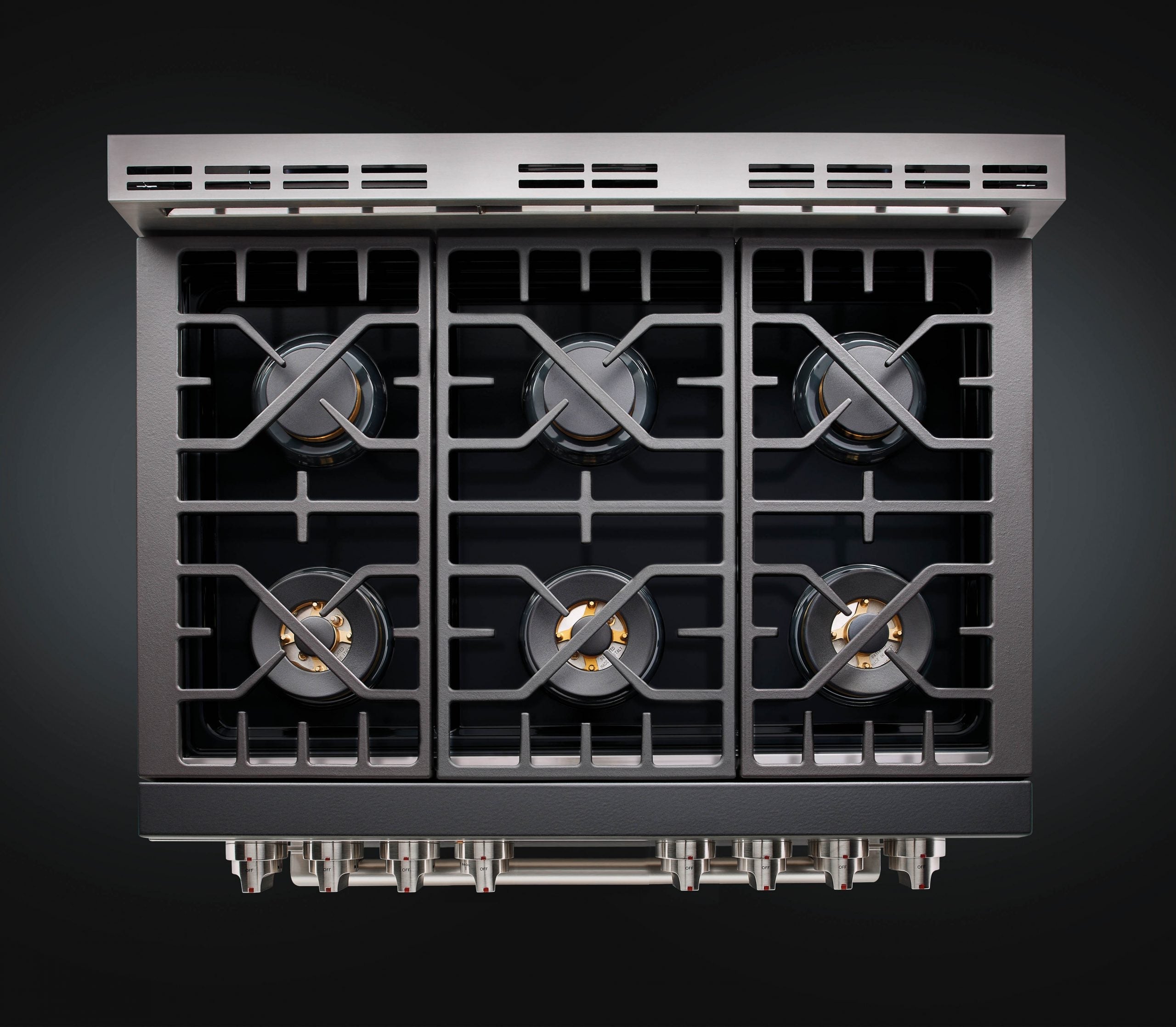 36-inch dual fuel range cooktop with three black grates and six burners
