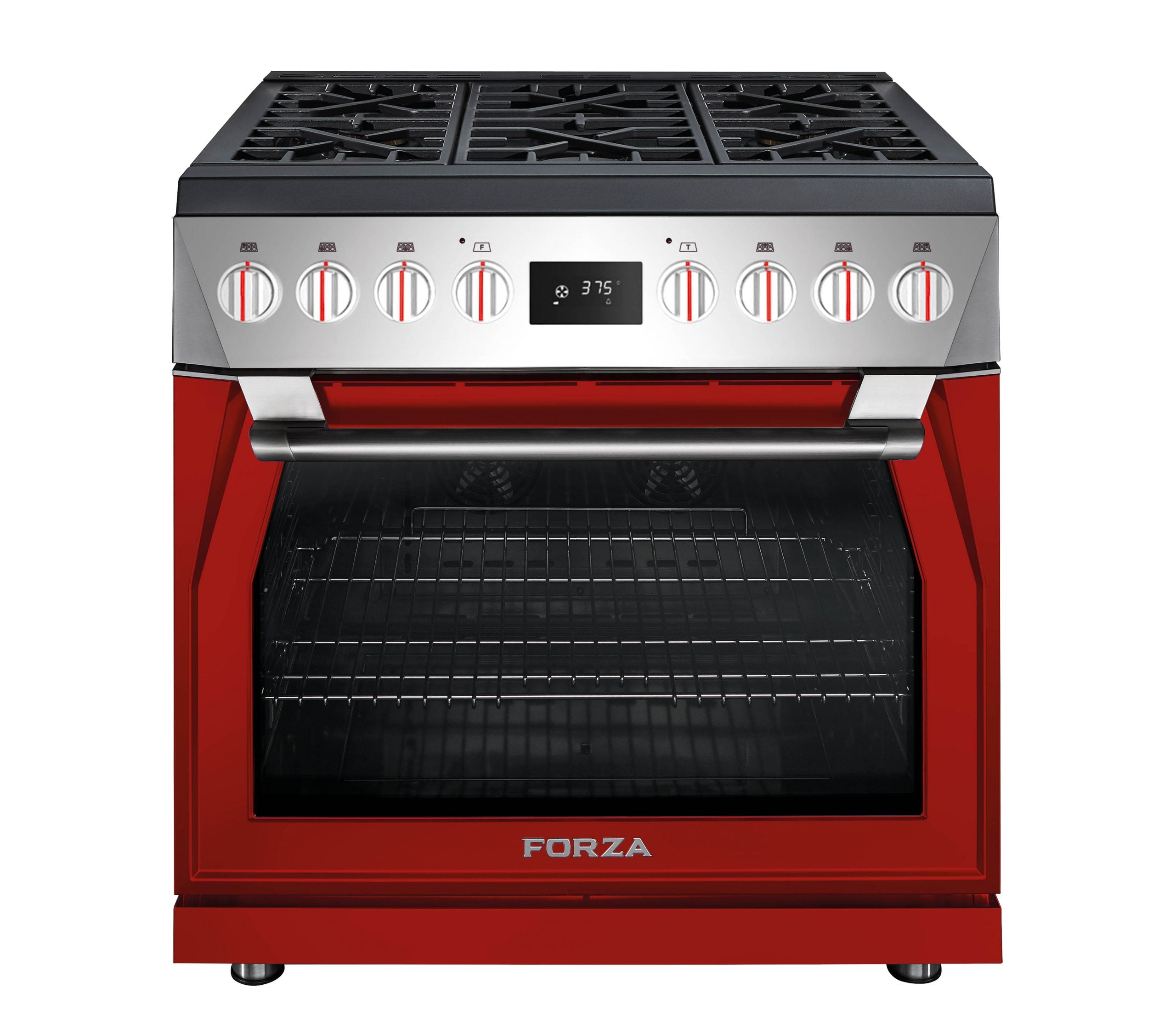 Radicale red dual fuel range with FORZA logo, control knobs, and open oven door