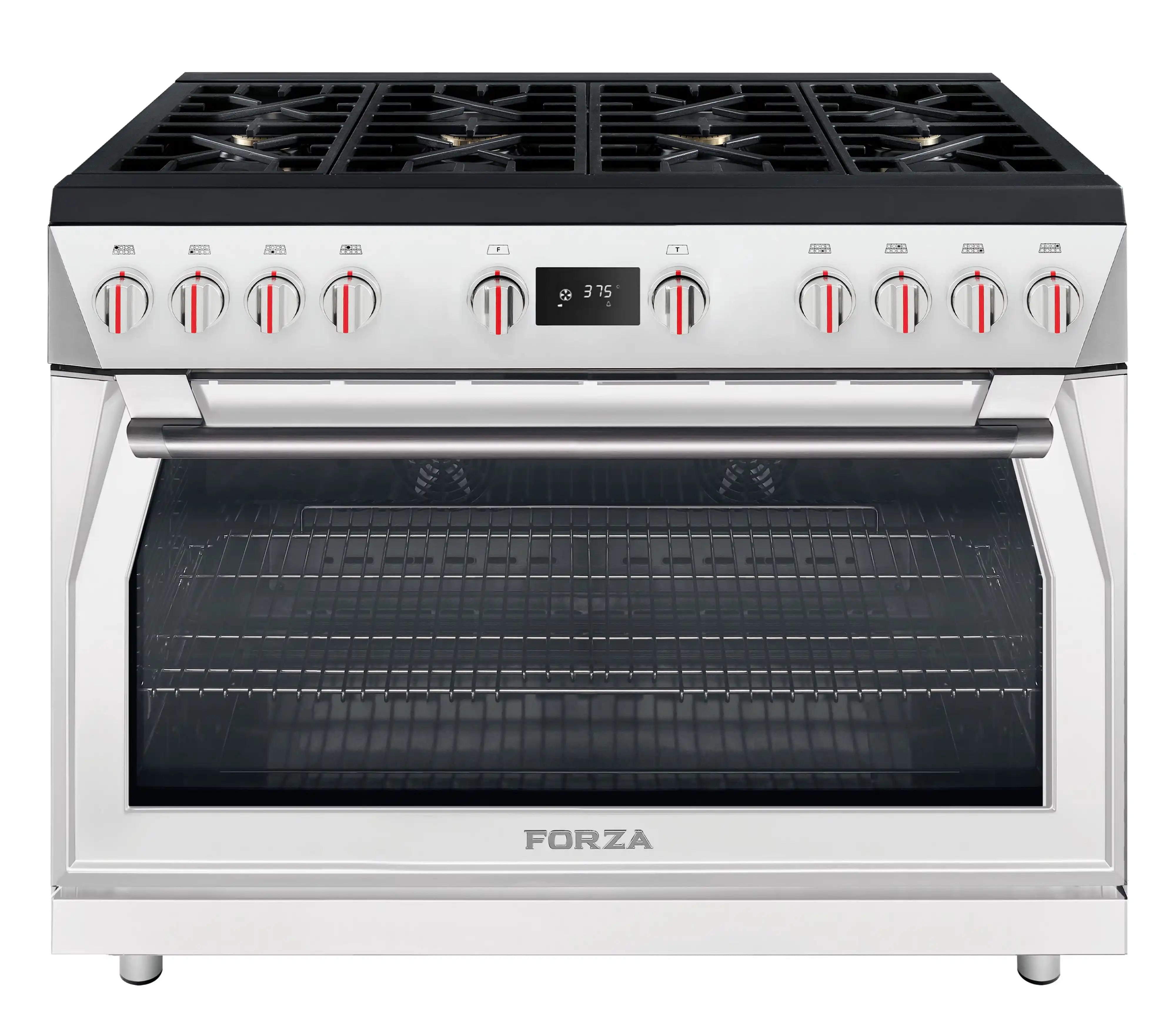 Forza dual fuel range in Valoroso White, front panel knobs and oven door