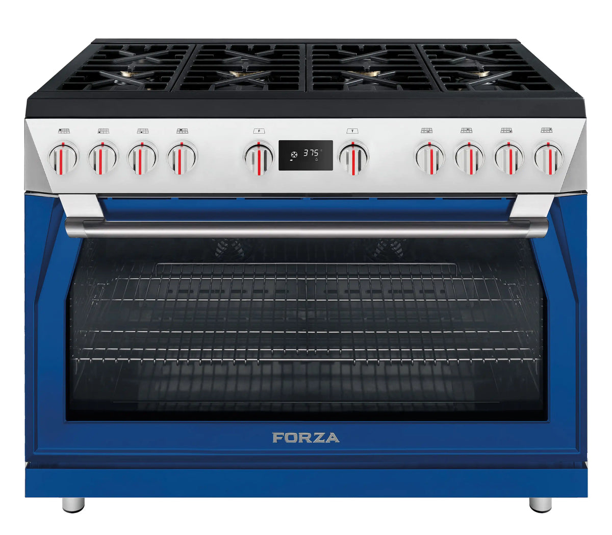 Dinamico Blue dual fuel range with silver control panel and open oven door