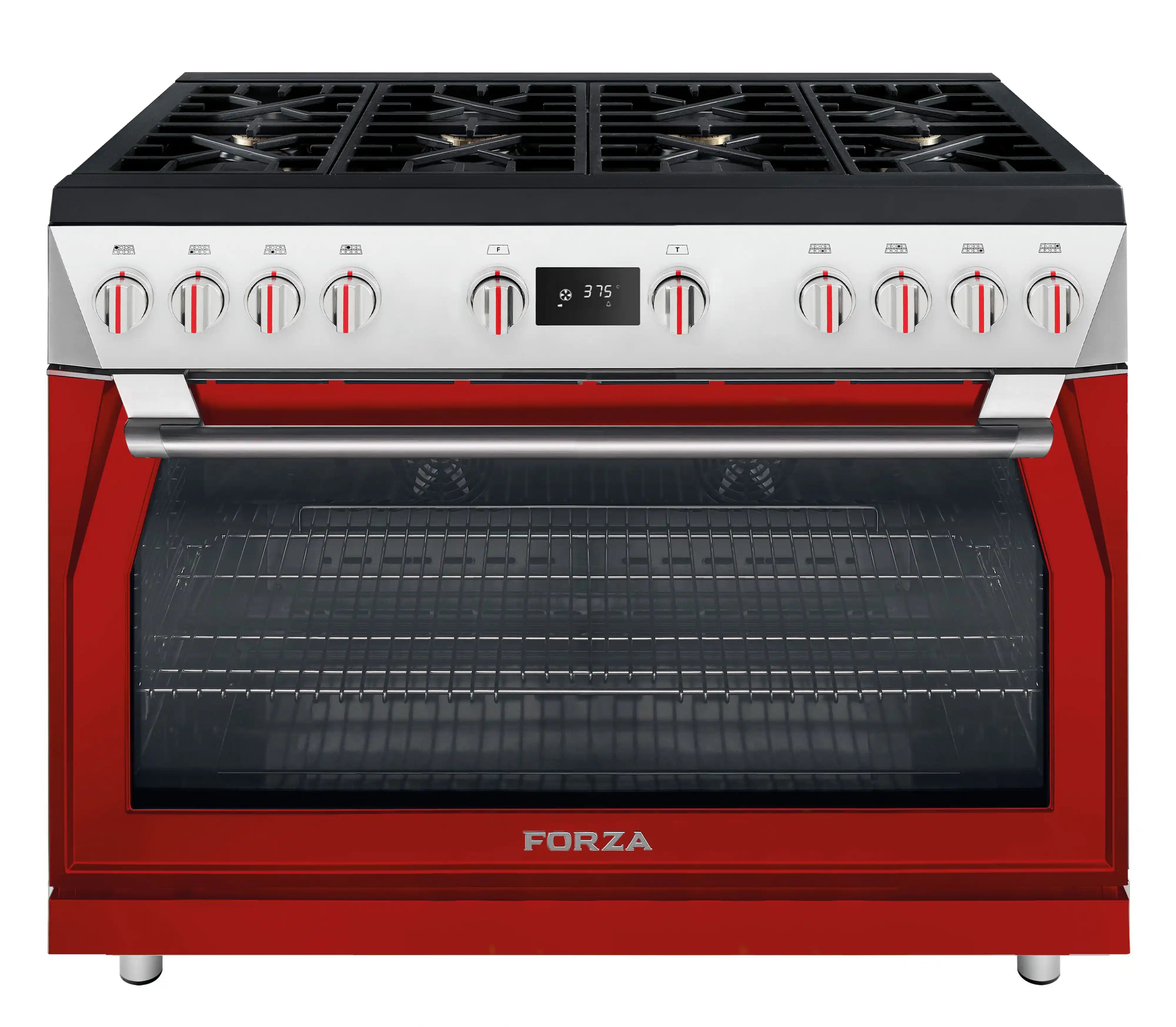 48-inch dual fuel range with red finish, silver control panel, and oven window