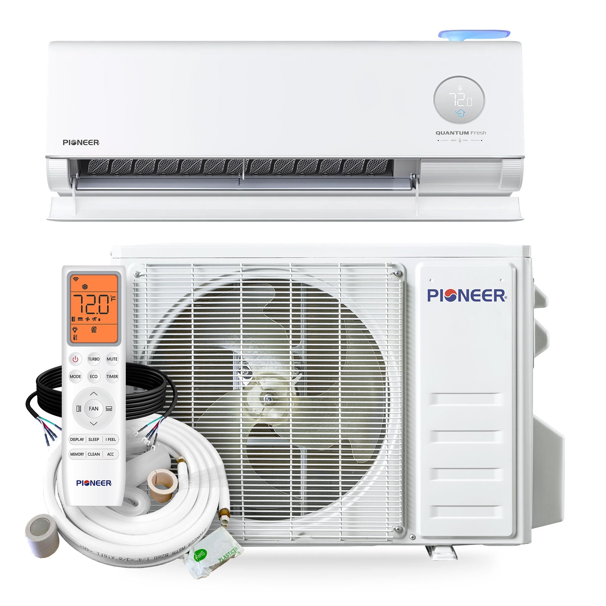 Ductless mini-split air conditioner full set with indoor unit, outdoor unit, and remote
