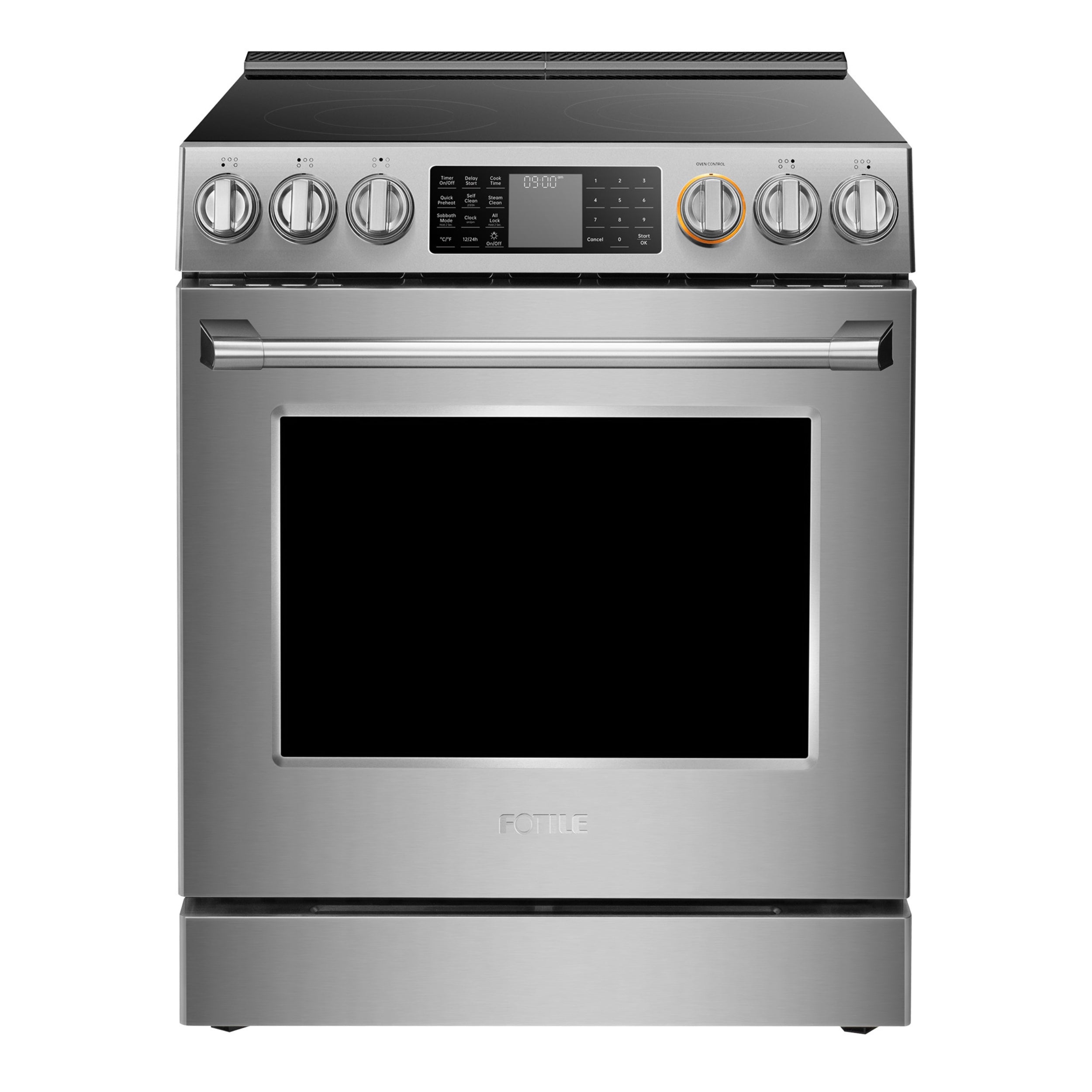 Stainless steel electric slide-in range with black oven door window and control panel