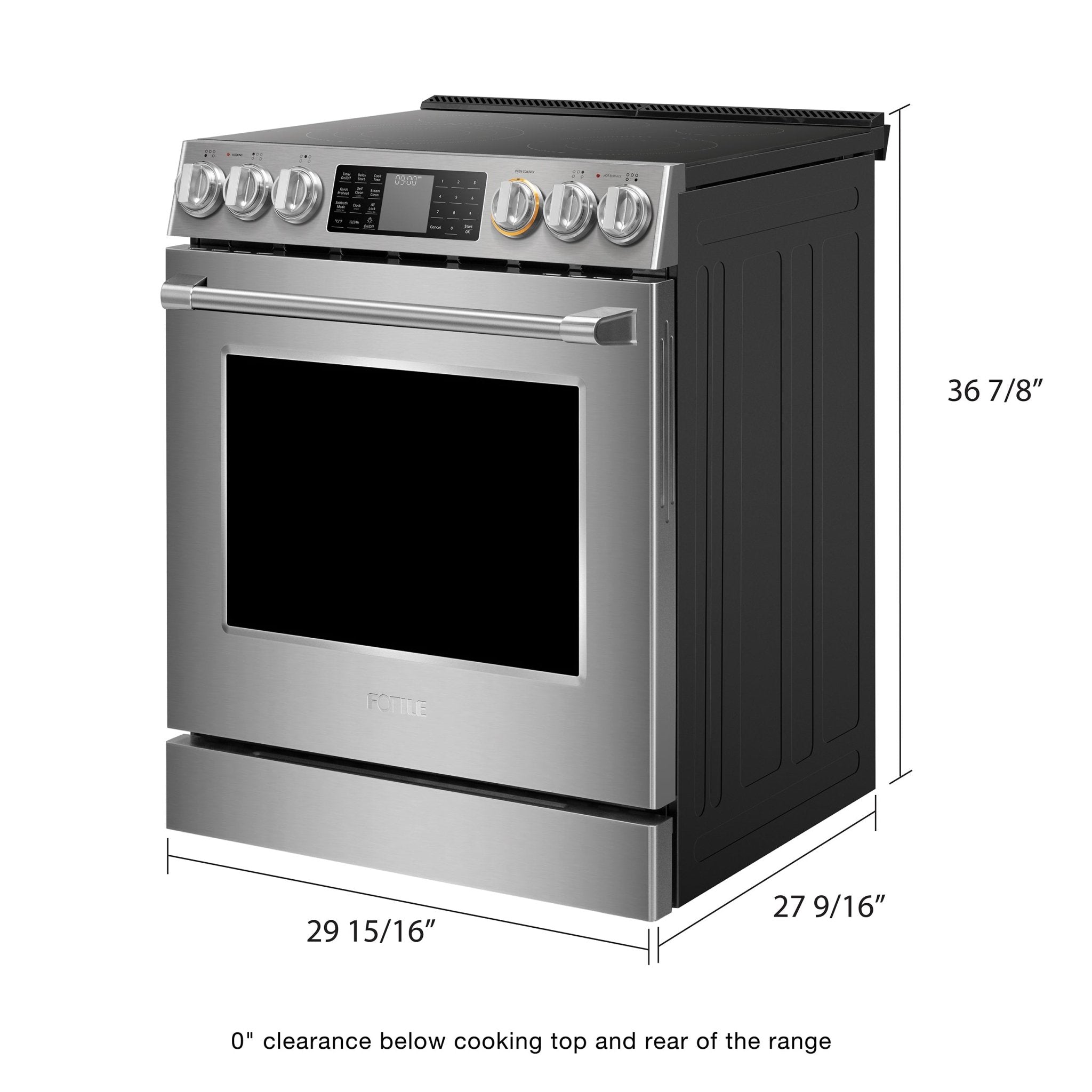 Stainless steel electric slide-in range, front-right view with black oven door window