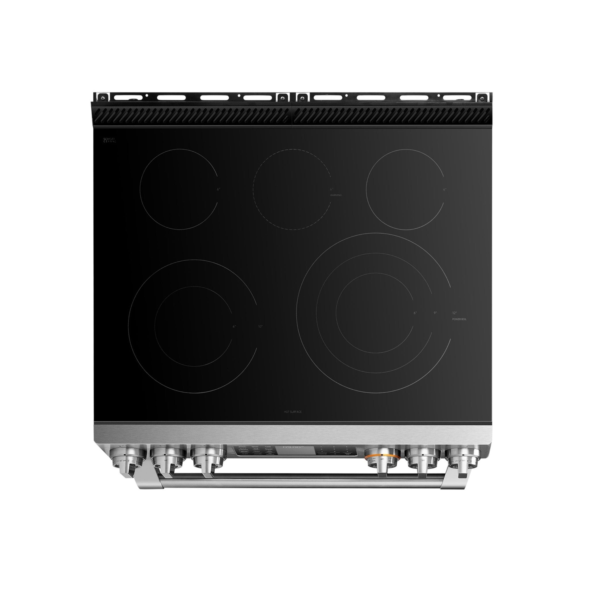 Black glass electric cooktop with circular heating zones and visible underside wiring