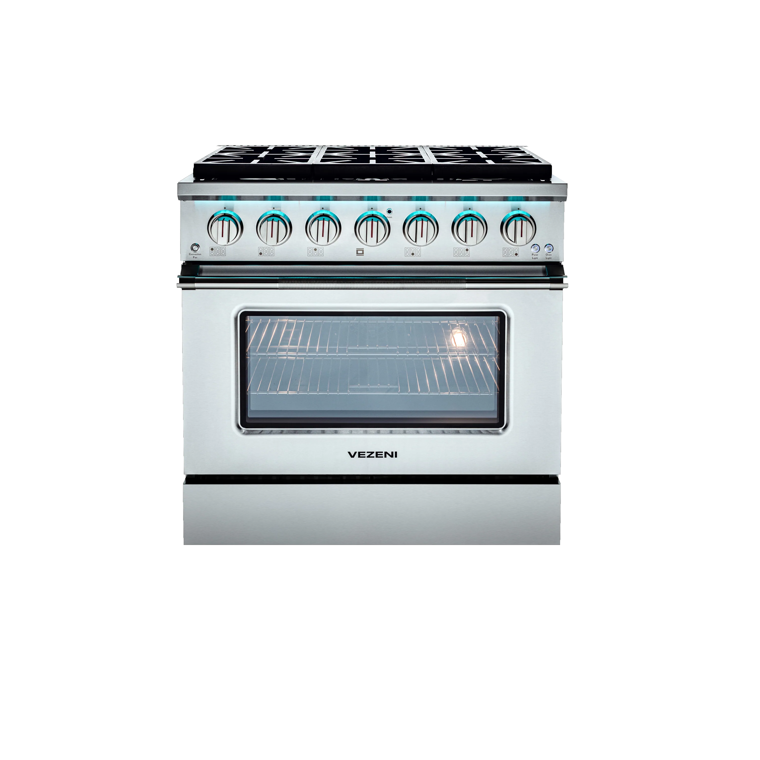 Stainless steel dual fuel range with glass oven door and control knobs