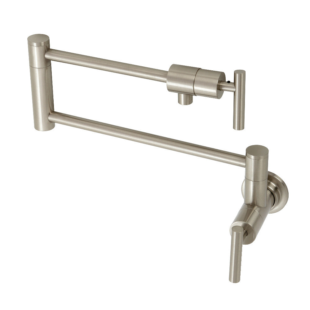 Wall mount pot filler faucet with brushed nickel finish and two cross handles