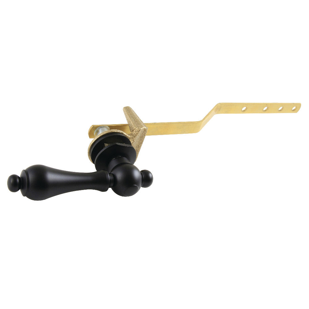 Matte black front-mount toilet tank lever with metal mounting bracket and hardware