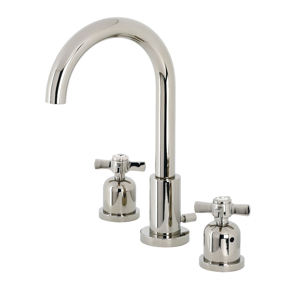 Polished nickel widespread bathroom faucet with curved spout and two cross handles