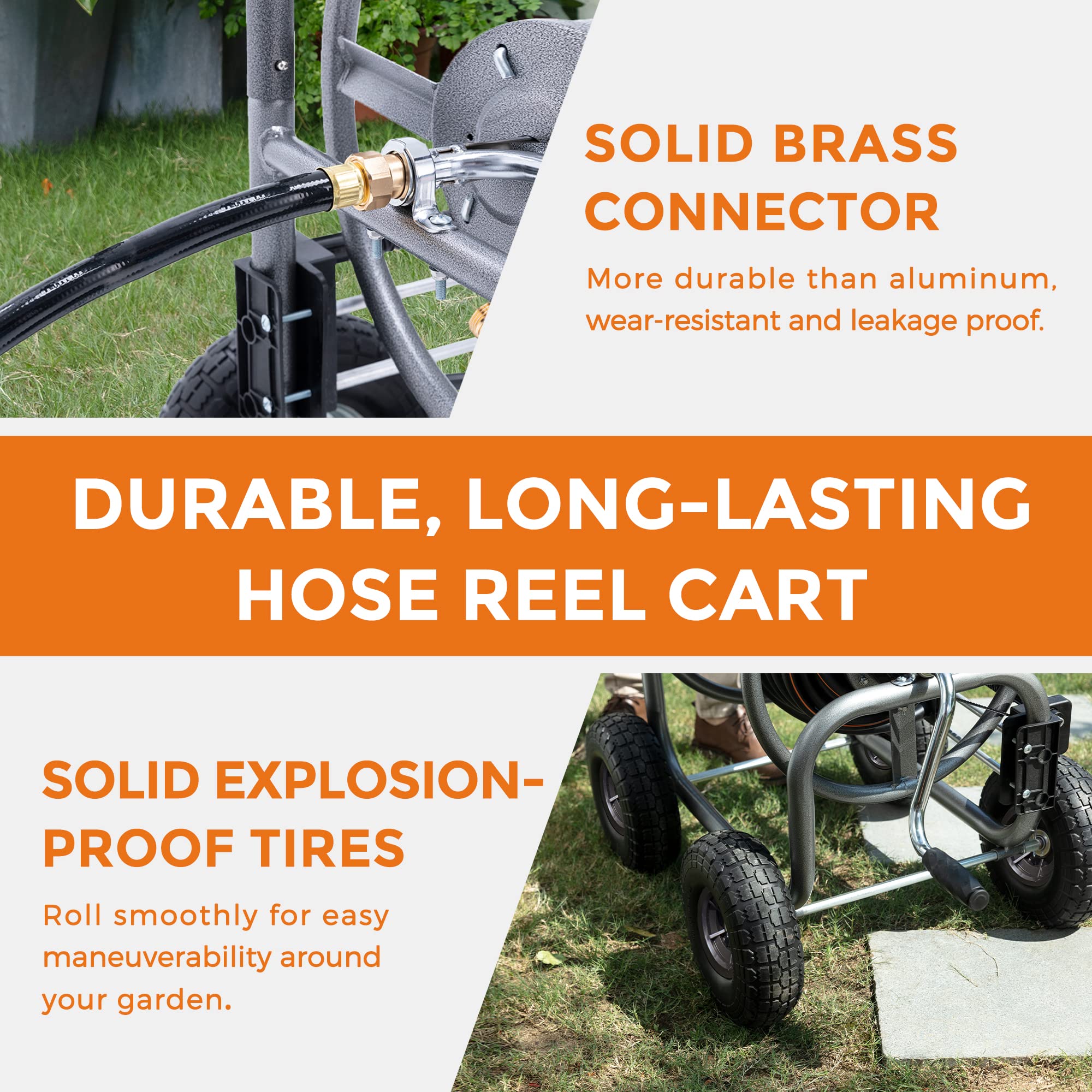 Hose reel cart with solid brass connector and explosion-proof tires on four wheels