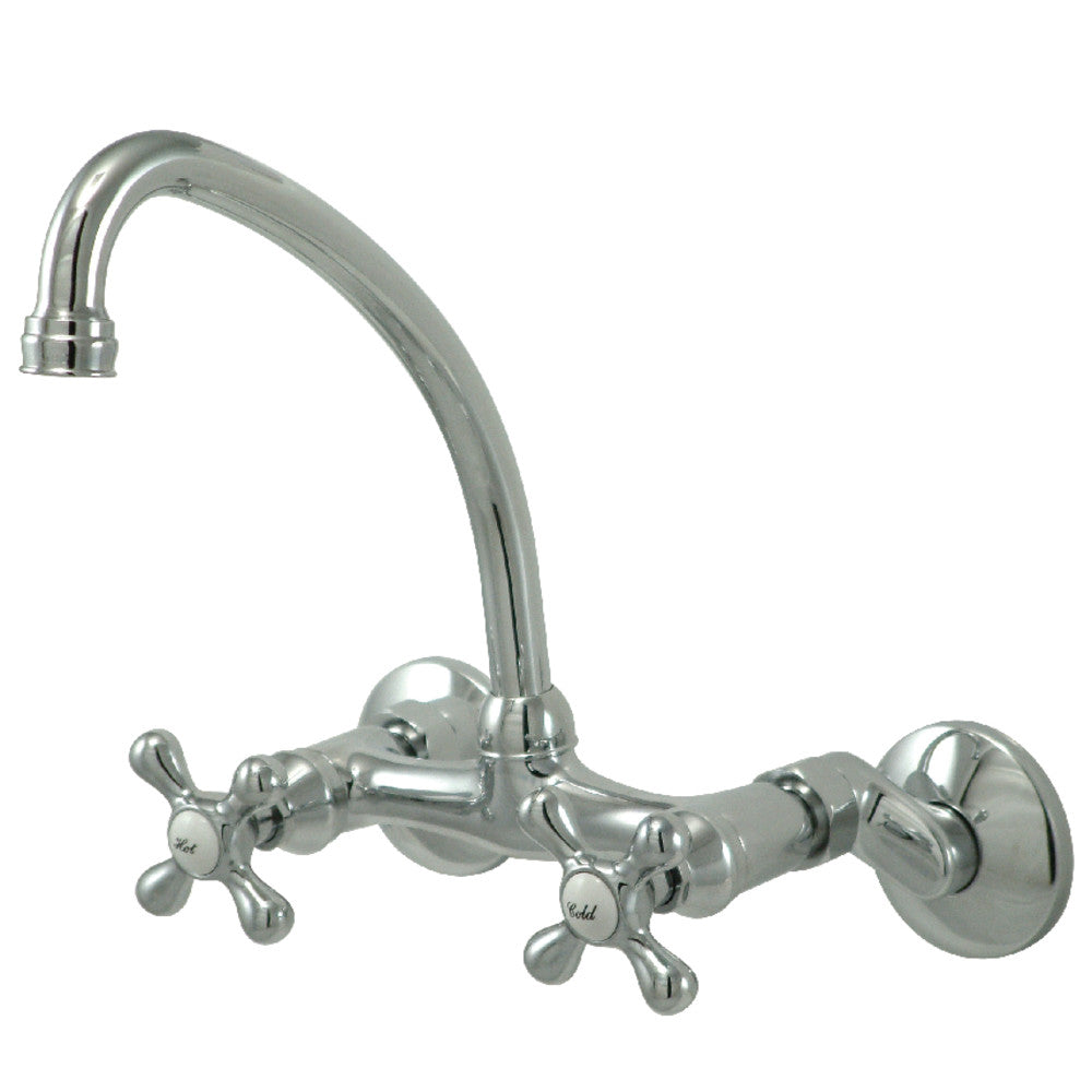 Polished chrome bridge kitchen faucet with two cross handles and curved spout