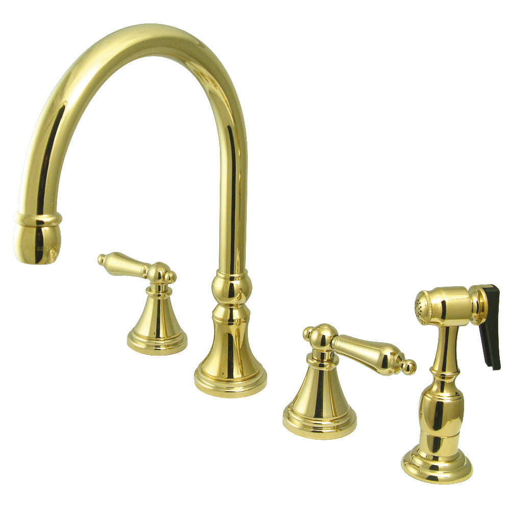 Polished brass widespread kitchen faucet with deck handles and side sprayer