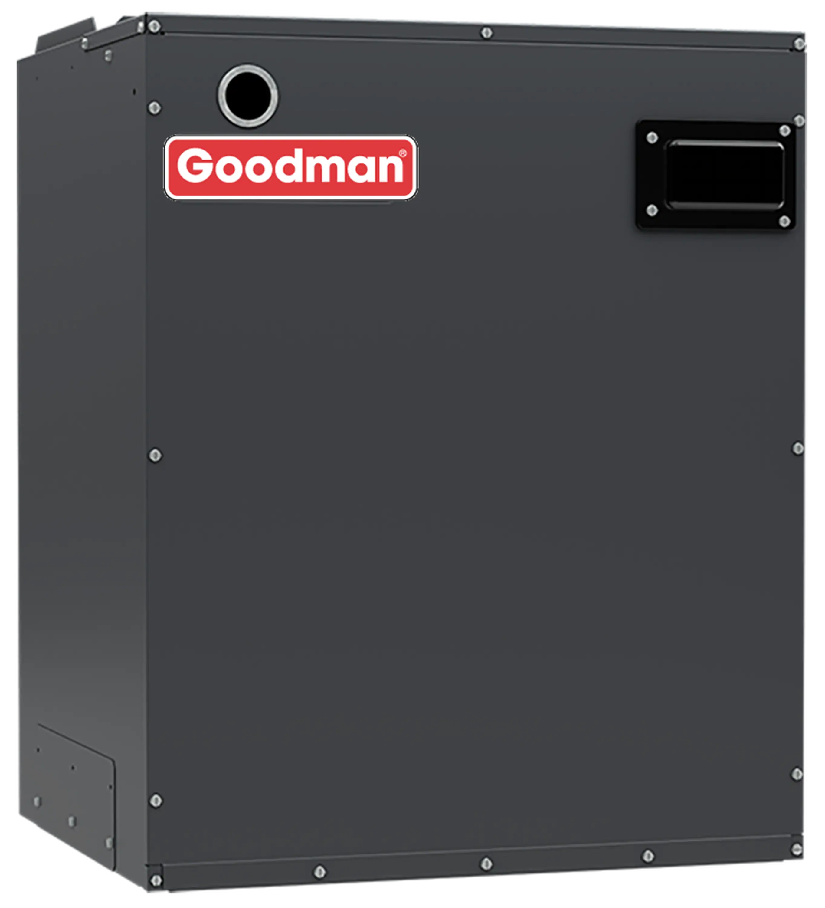 Goodman modular air handle blower, dark metal enclosure with logo