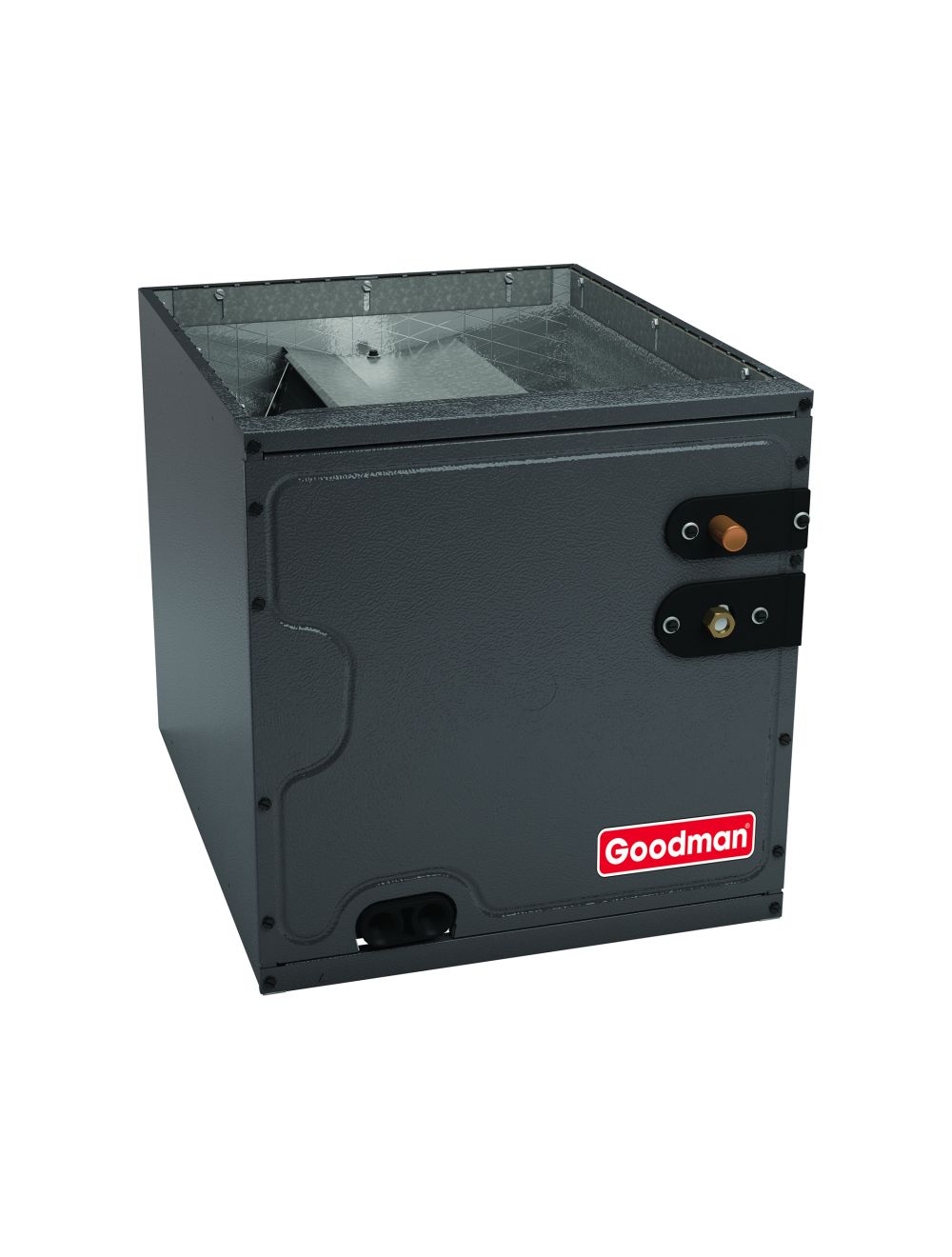 Dark gray Goodman coil unit with front access panel and control ports
