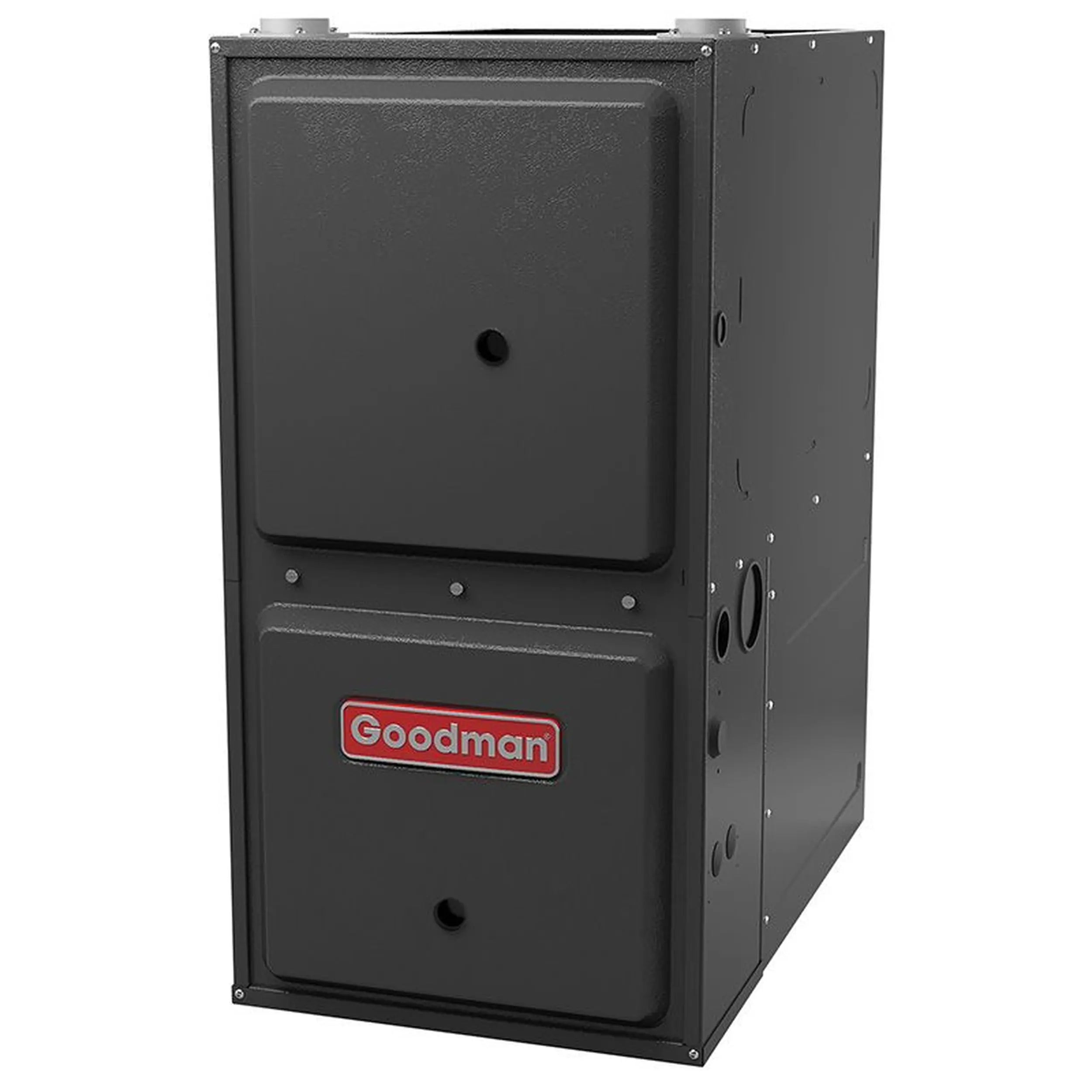 Goodman gas furnace cabinet with gray door panel and Goodman logo