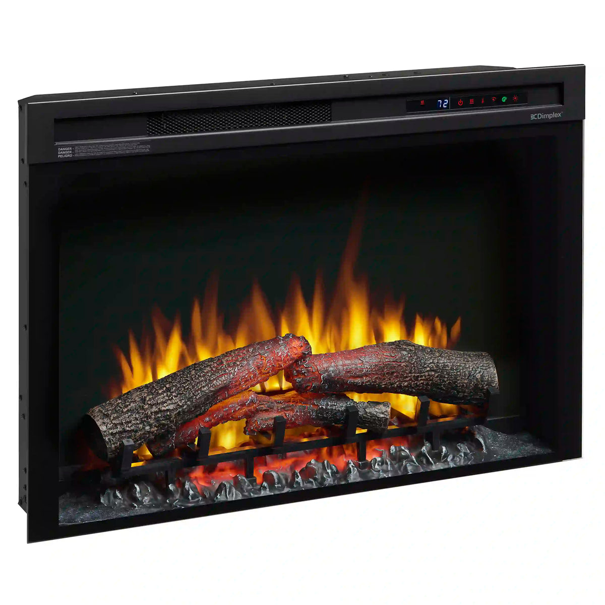 Black plug-in electric firebox with logs, ember bed, and orange flame background effect