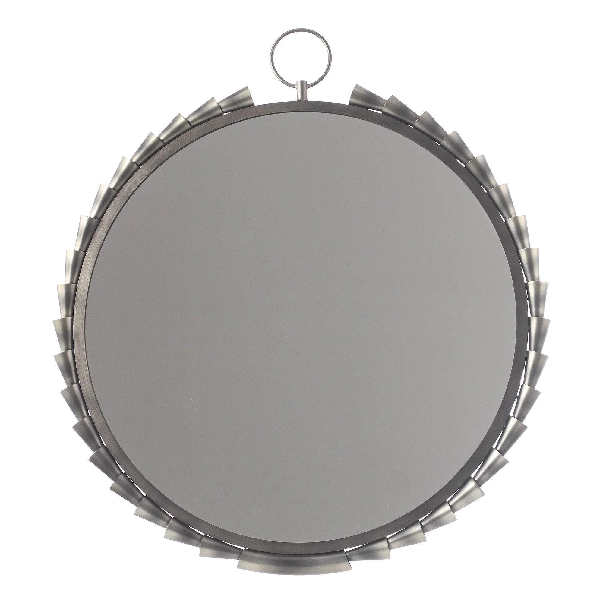 Grey round wall mirror with metallic tab surround and hanging ring
