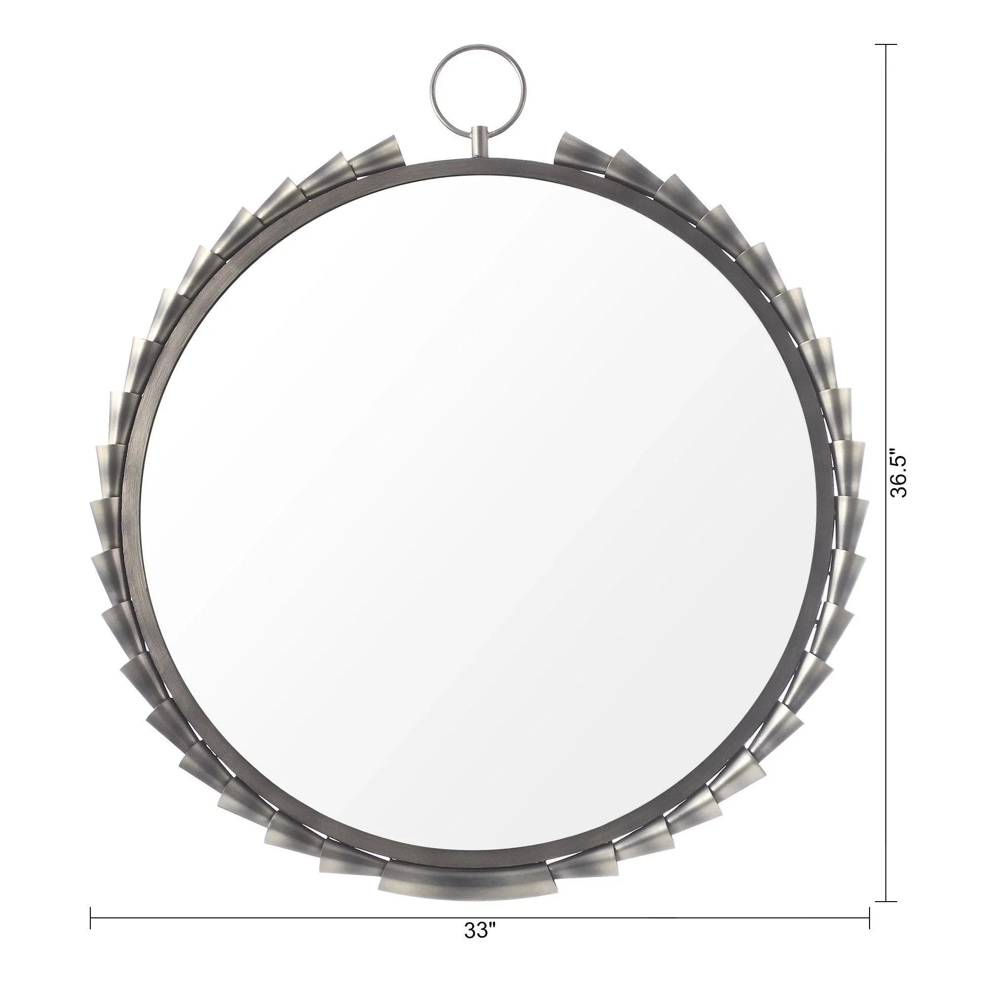 Grey round wall mirror size 33" across, 36.5" high with hanging loop