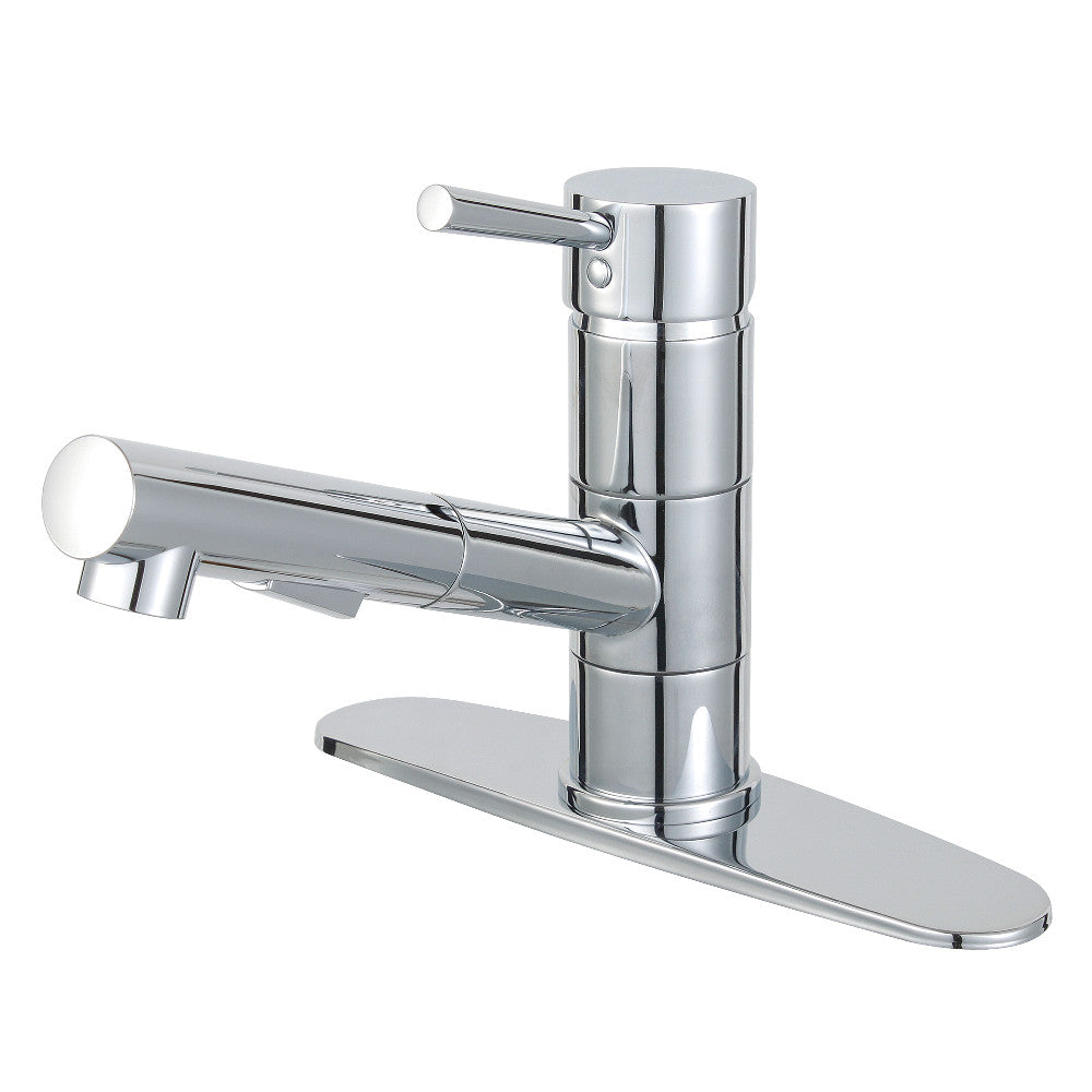 Polished chrome single-handle pull-out kitchen faucet with cylindrical spout